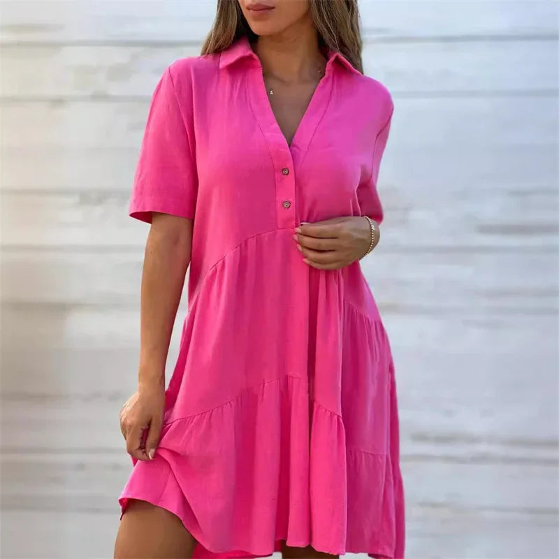 2024 Summer Solid Color Lapel Button Splicing Dresses Women Short Sleeve Dress Female Casual Commuter Cotton Linen Pleated Gown