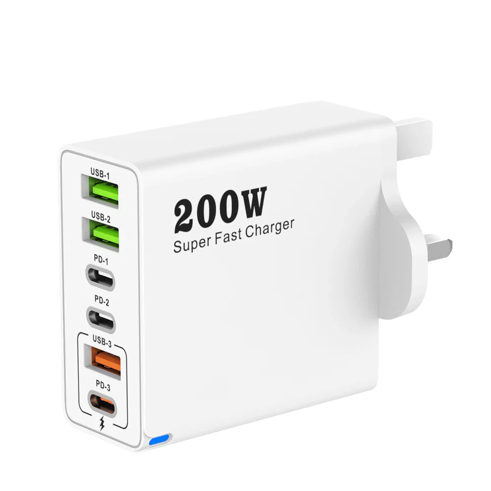 200 Вт 6-портовий USB C зарядний пристрій Супершвидка зарядка PD3.0 USB C Type C зарядний пристрій для мобільного телефону для iPhone 16 SE4 Samsung Xiaomi iPad
