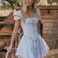 Suninheart Summer Blue Puff Sleeve Corset Dress Mini Elegant A Line Lace Up Holiday Party Dress Square Neck Women Dress 2023