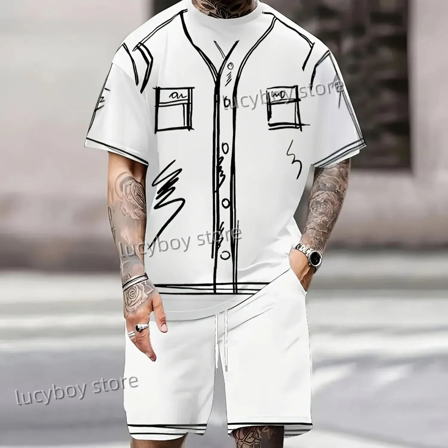 new Men Funny Scribble Sport T-shirt+shorts Suit Set American high luxury Tracksuit Outfit Summer Oversized 2 Piece Set Clothes