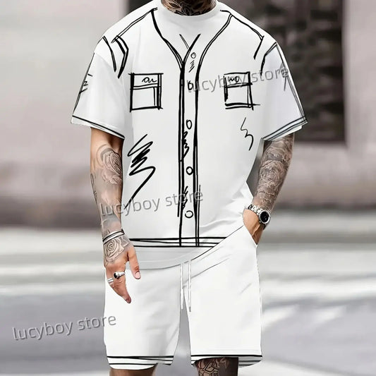 new Men Funny Scribble Sport T-shirt+shorts Suit Set American high luxury Tracksuit Outfit Summer Oversized 2 Piece Set Clothes