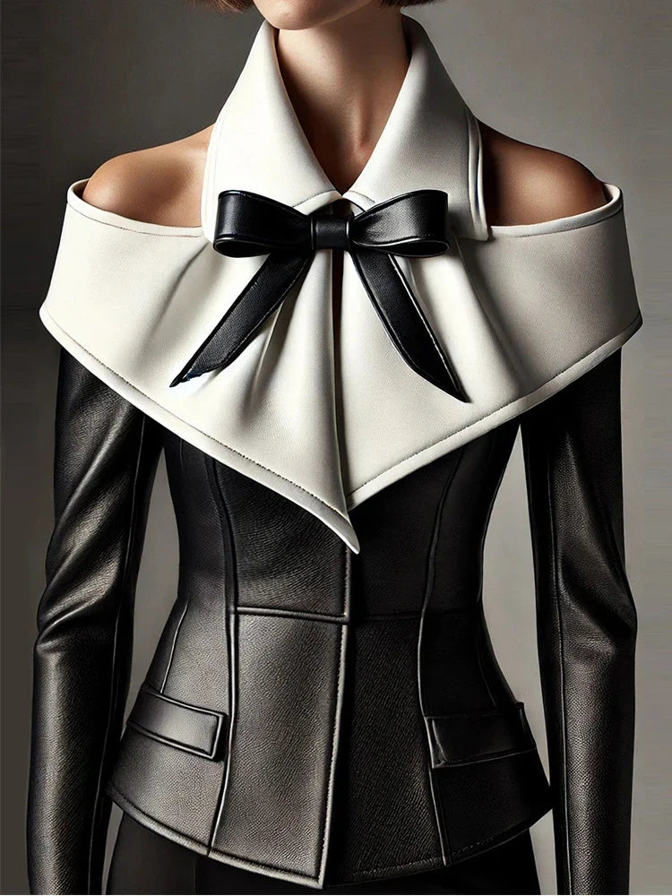 Fashion Women Faux Leather PU Blazer Jacket Turn Down Collar Slim High Waist Office Lady Patchwork Luxury Female Tailored Coat
