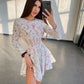 Flower Print Tunic Mini Dress Summer Women O Neck Long Sleeve A Line Robe Femme Mesh Patchwork Vestidos Elegant Ladies Dresses