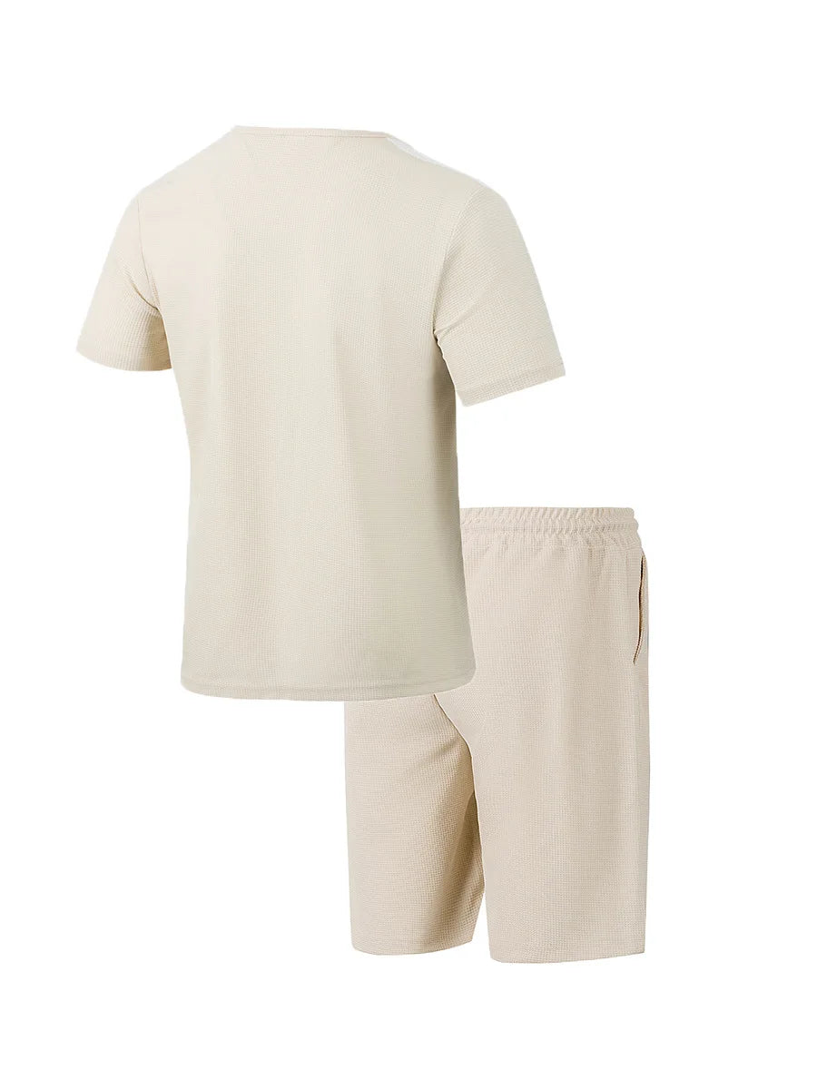 2025 summer men's new leisure fashion city wear rope round neck T trend Waffle short-sleeved shorts two-piece suit
