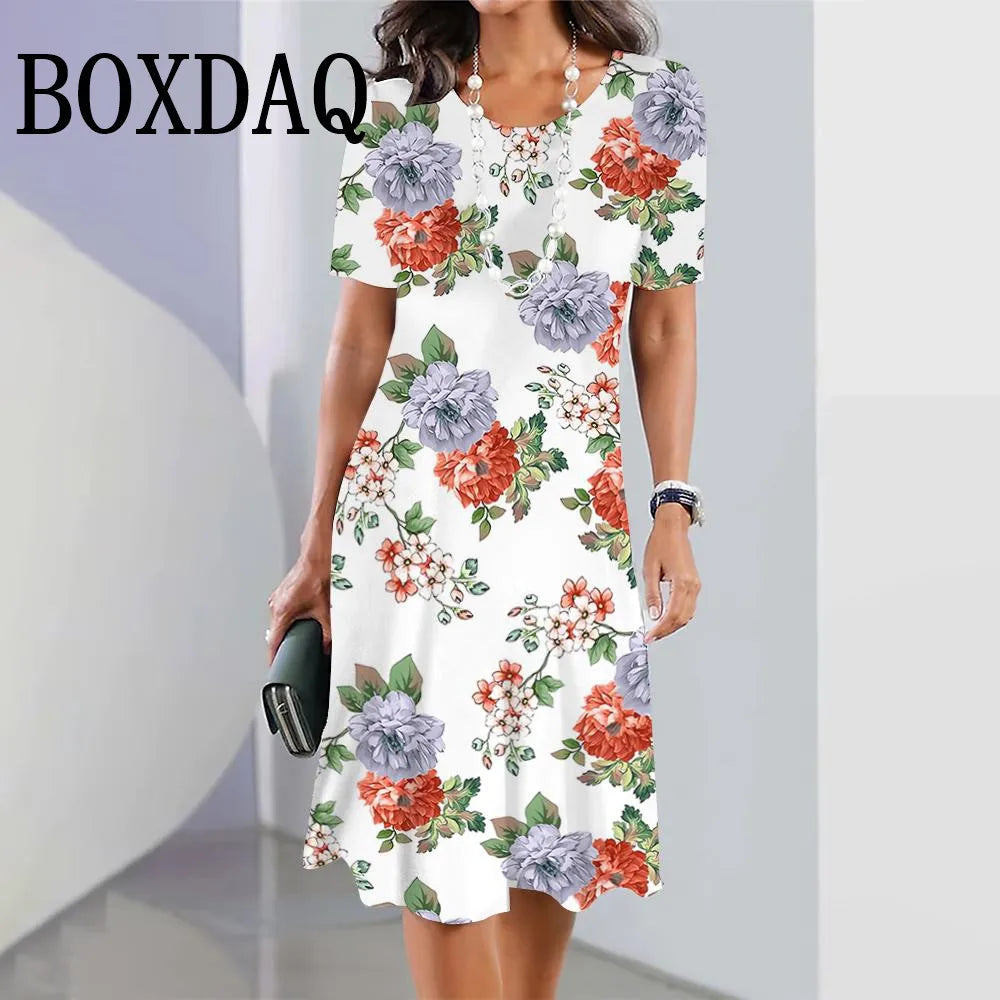 Fashion Flowers Printed Dress Clothing Women's Short Sleeve Summer Elegant O-Neck Mini Dresses Loose Streetwear 2025 New Spring