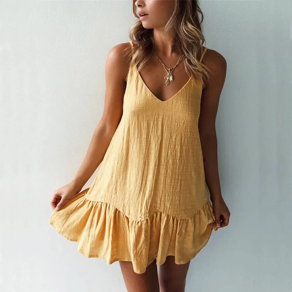 Dress Women Sexy Spaghetti Strap Ruffle Summer Dress 2025 Cotton Linen Vestidos Green Dresses Off Shoulder Sexy Mini Sundress