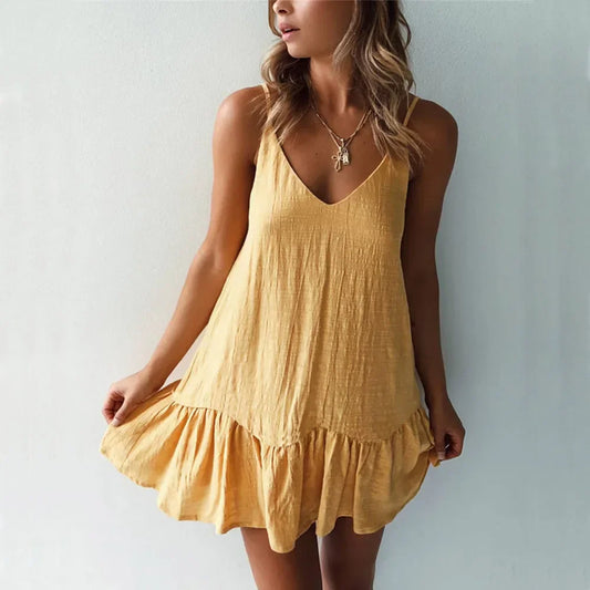 Dress Women Sexy Spaghetti Strap Ruffle Summer Dress 2025 Cotton Linen Vestidos Green Dresses Off Shoulder Sexy Mini Sundress