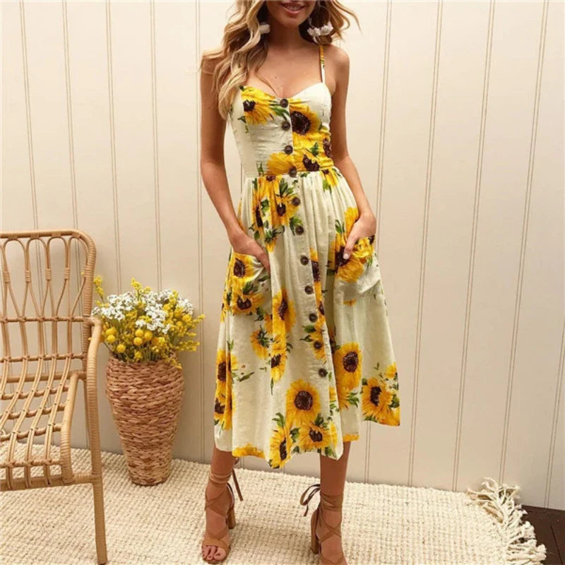 Summer New Women Sexy Sling Pocket Button Dot Beach Dress 2024 Female Bohemia Holiday Retro Fashion Solid Color Women's Clothing