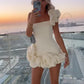 Laxsesu Elegant White Mini Dresses 3D Flower Luxury One Shoulder Sleeveless Pleated Cocktail Party Evening Bodycon Dress Female
