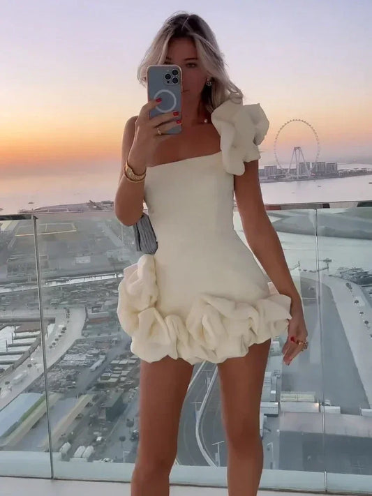 Laxsesu Elegant White Mini Dresses 3D Flower Luxury One Shoulder Sleeveless Pleated Cocktail Party Evening Bodycon Dress Female