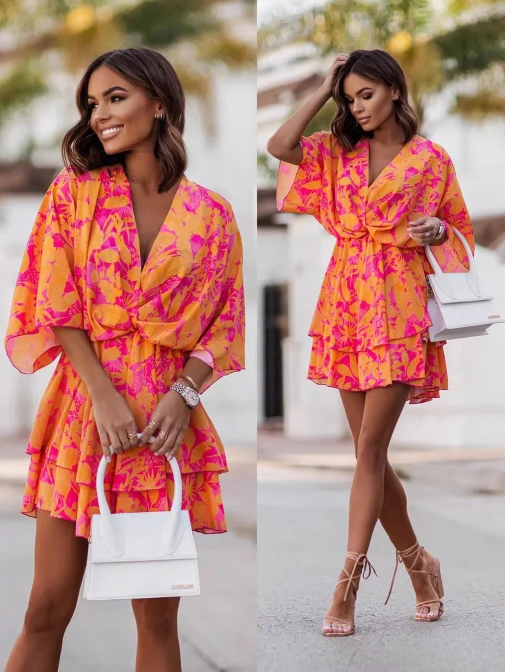 Elegant Summer Ruffl Mini Dress Office Dress for Women's Casual Bat Sleeve Flowers Print Bohemian Beach Vacation Sundress Women
