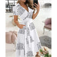 Women Fashion Solid Slim Pocket Lace Up Dress 2023 Spring Autumn Dress Women Casual Printed Short Sleeve V-neck High Waist Dress