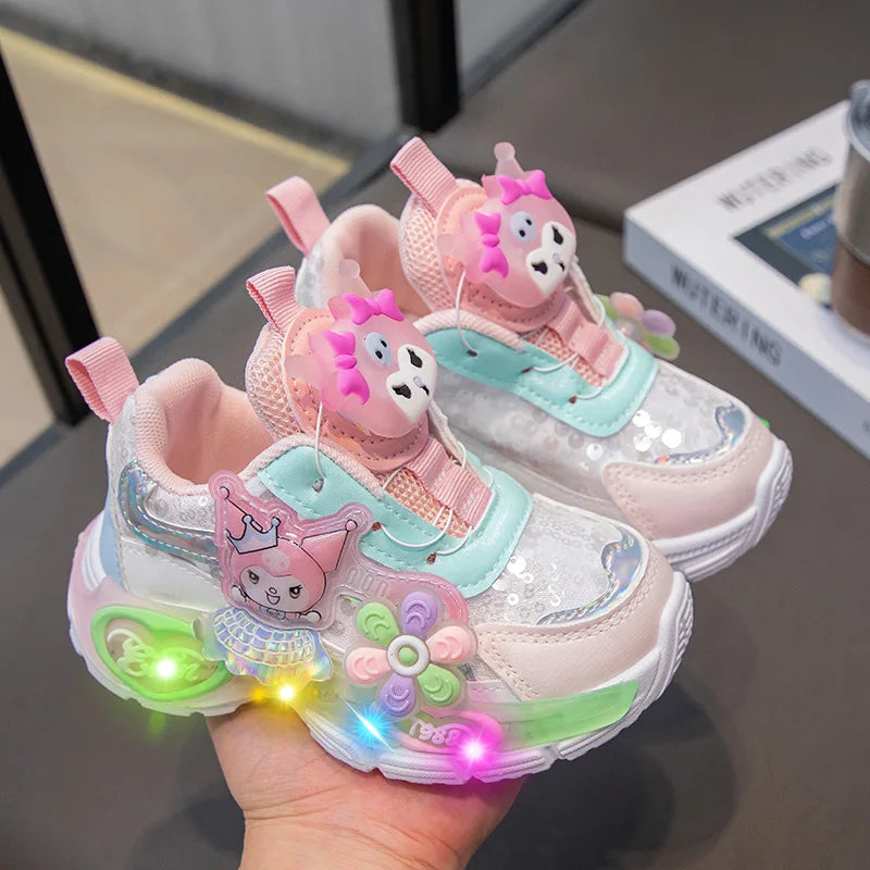 Sanrio Hello Kitty весняно-осіннє дитяче нове спортивне взуття принцеси з підсвічуванням, повсякденне взуття для дівчаток з обертовою кнопкою для бігу