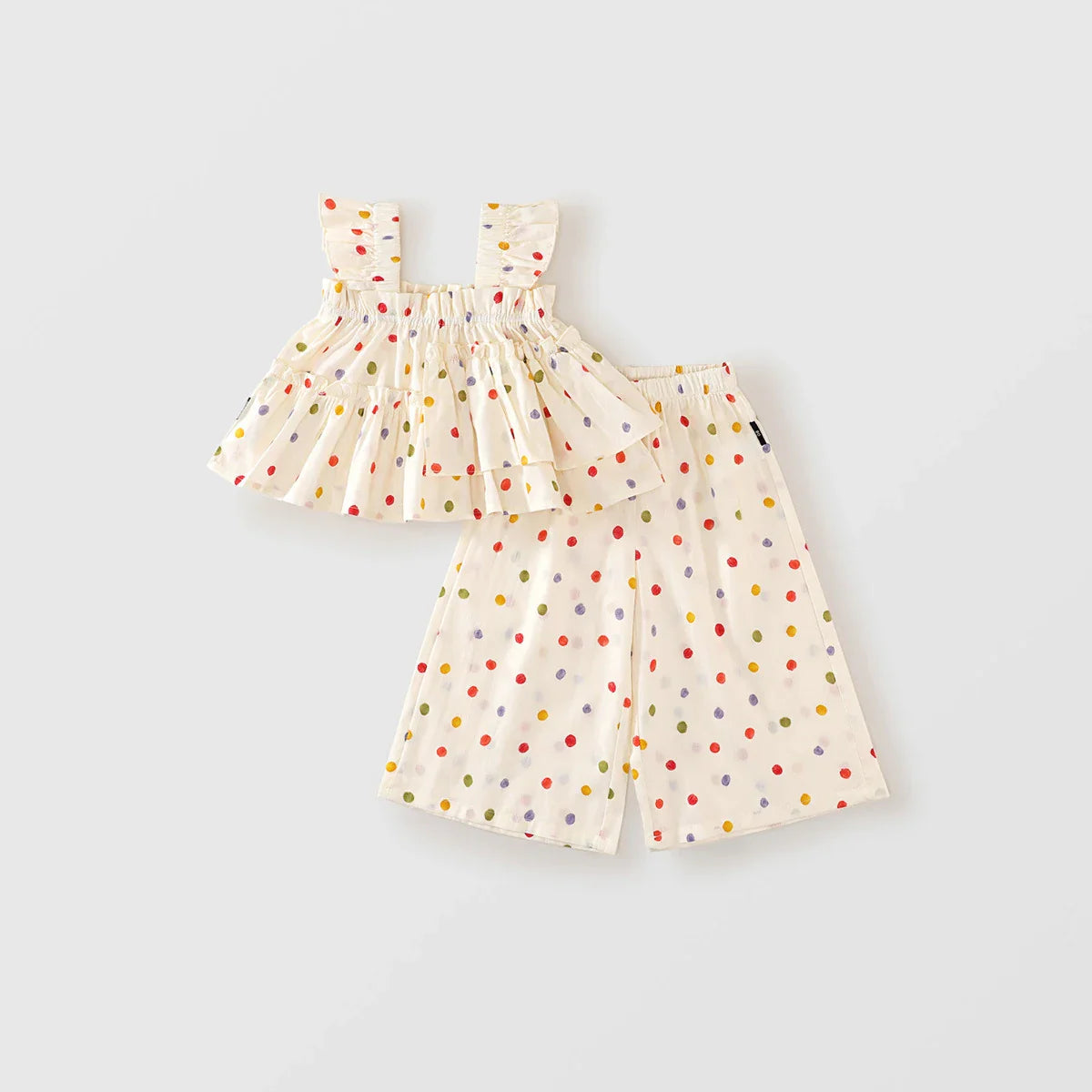 2025 Summer Korean Style All Cotton Girls’ Sweet Fashion Colorful Polka Dot Two-Piece Set - Halter Top & Wide Leg Pants