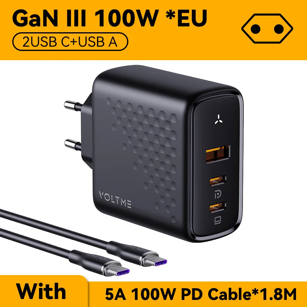 Зарядний пристрій VOLTME 100W GaN для Macbook, планшета, USB Type C, швидка зарядка для iPhone 15 14 13 12, Quick Charge 4.0 3.0