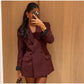 Vintage Women's Burgundy Blazers Elegant Lapel Double Breasted Pocket Full Sleeve Suit Jacket 2024 Autumn Lady Office Outwear
