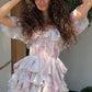 Women Summer Off Shoulder Tie-dye Pleated Mini Dress Fashion Print Flower Slim Vestido 2025 Ladies Out Vocation Beach Party Wear