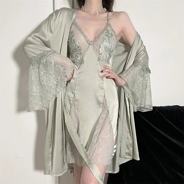 Sexy Embroidery Wedding Robe Nightgown Sleepwear Set Summer Female Nightwear Patchwork Lace Rayon Bathrobe Casual Home Dress