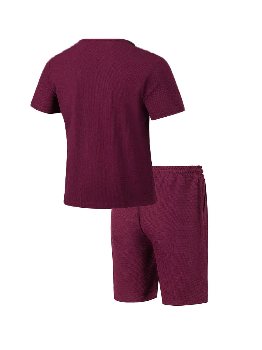 2025 summer men's new leisure fashion city wear rope round neck T trend Waffle short-sleeved shorts two-piece suit
