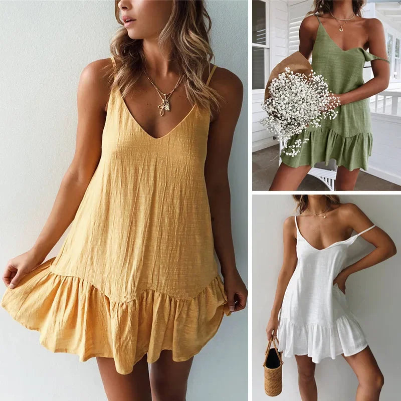 Dress Women Sexy Spaghetti Strap Ruffle Summer Dress 2025 Cotton Linen Vestidos Green Dresses Off Shoulder Sexy Mini Sundress