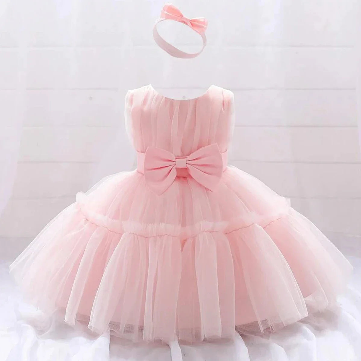 Baby Pleated Girl Princess Dress Outfit Infant White 1st Birthday Baptism Dress Toddler Bow Party Wedding Prom Gown Baby Clothes