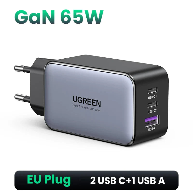 UGREEN 65W GaN зарядний пристрій Quick Charge 4.0 3.0 USB C зарядний пристрій для iPhone 16 15 14 Pro Max ноутбука Macbook Air планшета PD швидка зарядка