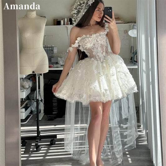 Amanda Boho Flower Lace Mini Ball Gown Prom Dresses Flower Straps Evening Dress Customize Short Wedding Dress Vestidos De Fiesta