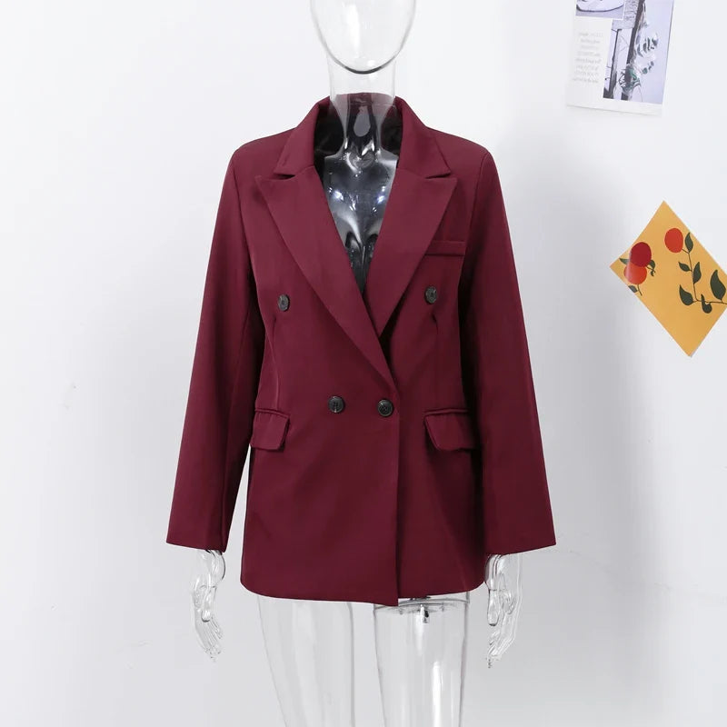 Vintage Women's Burgundy Blazers Elegant Lapel Double Breasted Pocket Full Sleeve Suit Jacket 2024 Autumn Lady Office Outwear