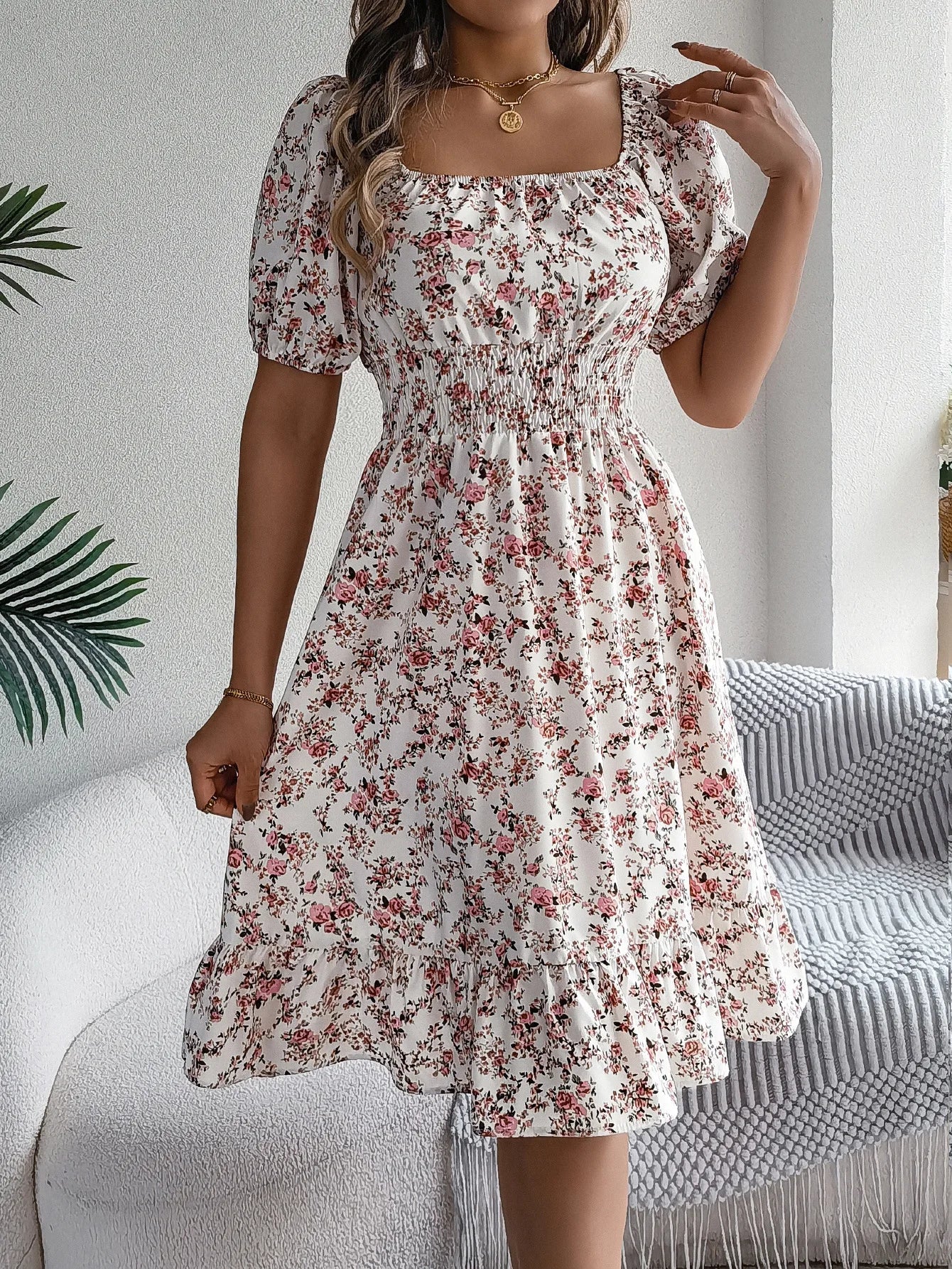 Summer Women's Beach Dress Floral 3D Print Square Neck Short-Sleeved Ladies Waist Ruffled A-Line Dress For Women Holiday Dresses