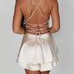 Satin Silk Women Sexy Cami Playsuits Dress Solid Cowl Neck Sleeveless Short Jumpsuits Summer Cross Tie-Up Backless Romper