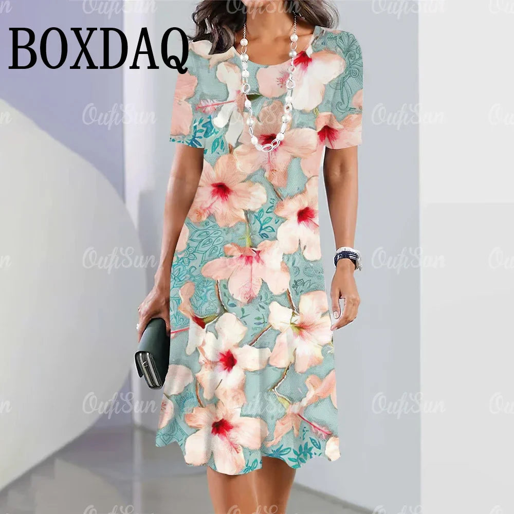 Fashion Flowers Printed Dress Clothing Women's Short Sleeve Summer Elegant O-Neck Mini Dresses Loose Streetwear 2025 New Spring