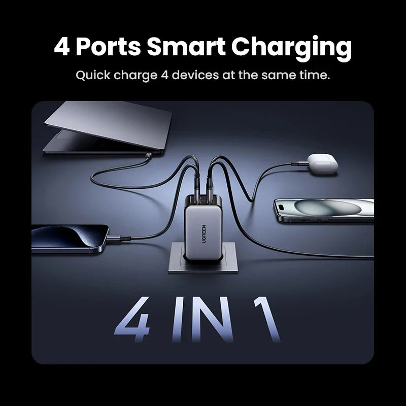 UGREEN 65W GaN зарядний пристрій 4 порти USB C швидка зарядка Quick Charge 3.0 PD 3.0 для Macbook Air, ноутбуків, планшетів, iPhone 16 15 14 Pro Max