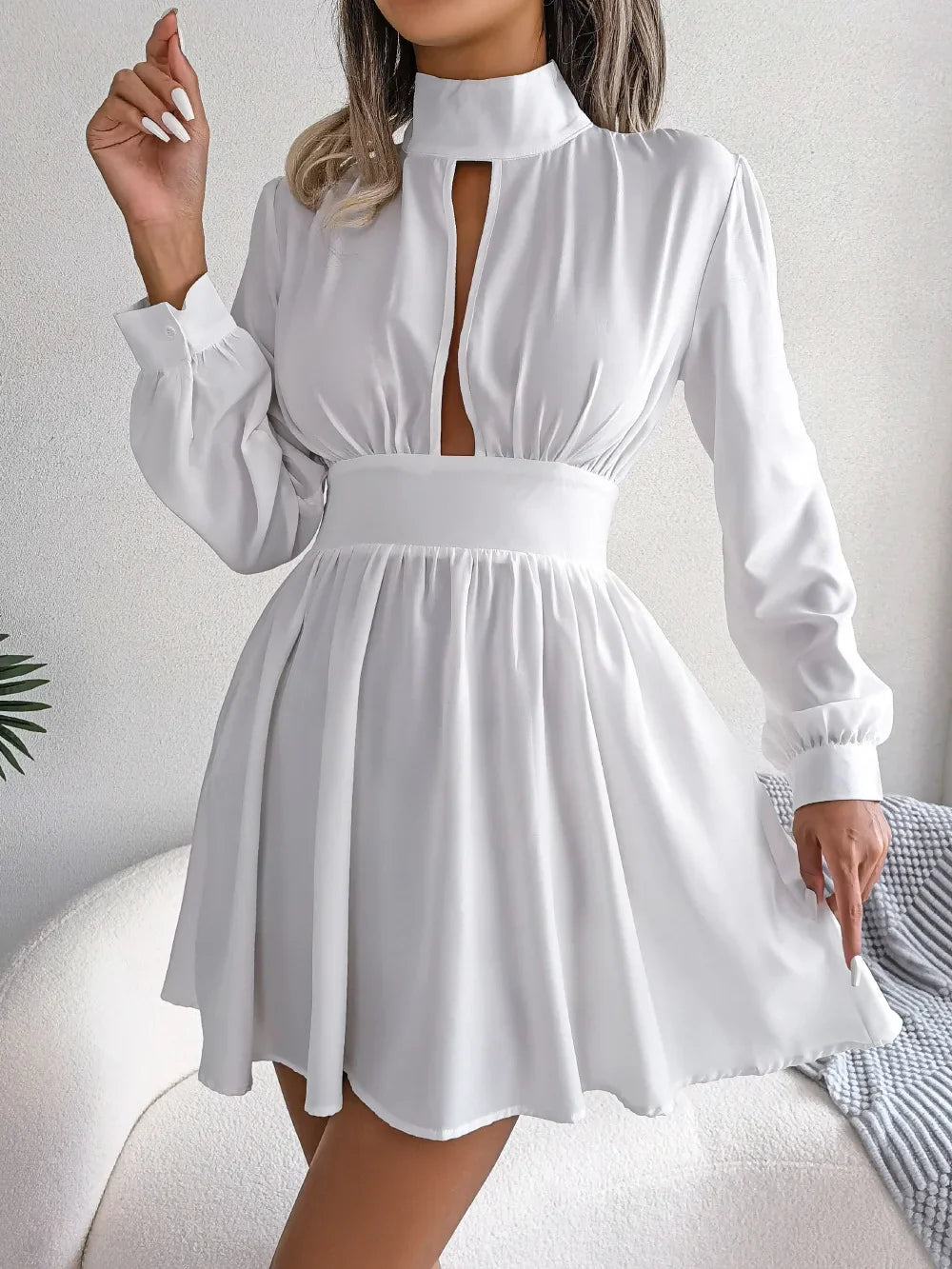 Spring And Autumn Style Long Sleeved Dress Short Skirt Sexy Chest Hollow Half Collar Waist Cinching Big Swing Pullover Red Dress