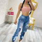 Women Denim Jeans Ankle Length Print Holes Pencil Pants Pockets Washing Slim Basics Zipper Fly Spring Flat Slight Strech