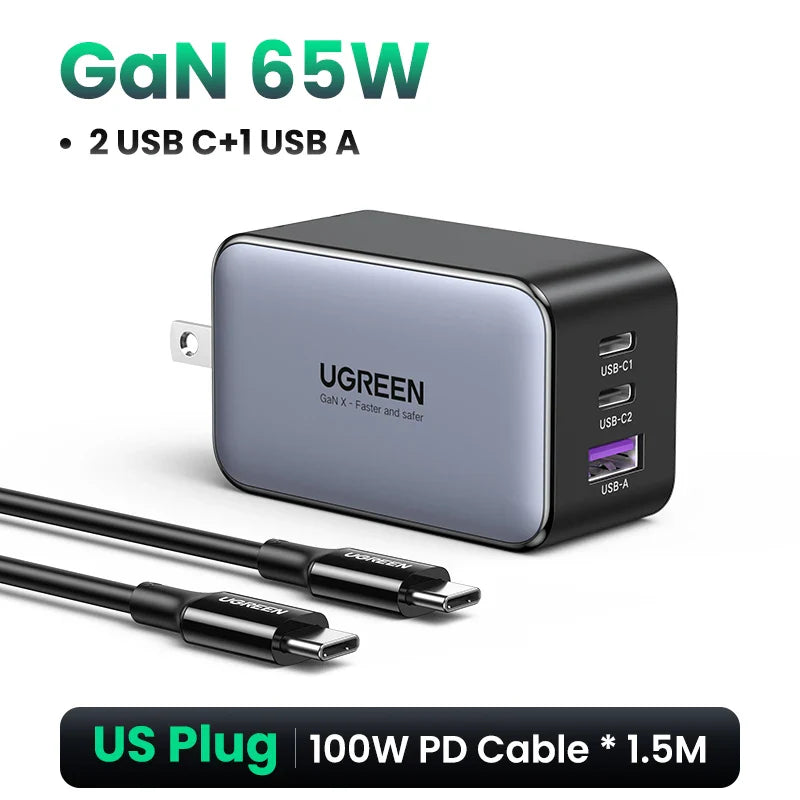 UGREEN 65W GaN зарядний пристрій Quick Charge 4.0 3.0 USB C зарядний пристрій для iPhone 16 15 14 Pro Max ноутбука Macbook Air планшета PD швидка зарядка