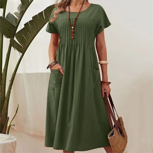 New Solid Color Round Neck Pocket Patchwork Pleated Short Sleeved Cotton And Linen Dress For Women's Army Green Midi Dresses