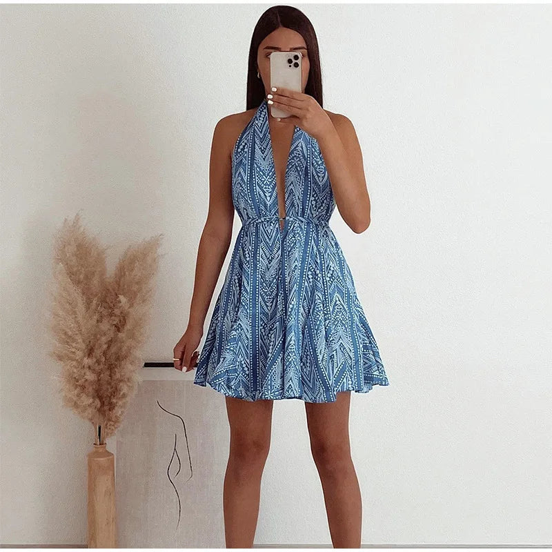 Sexy Halter Neck Beach Dresses For Women Printed Deep V-neck Backless Mini A-line Dress Chic Party Vacation Casual Lady Vestidos
