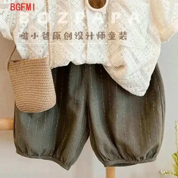 Boys Summer Set 2025 Fashion New Korean Cutout Apricot Shirt and 7-inch Pants for Kids Baby Loose Casual 2pcs Set Birthday Gift