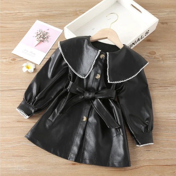 New Spring Toddler Girls PU Leather Jackets Coat Children Doll Collar Belt Outerwear Windbreaker Kids Clothes Jackets Dress 1-7Y