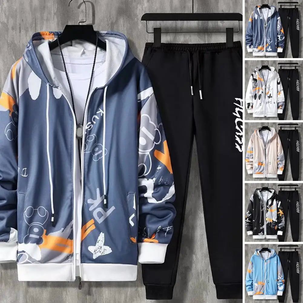 2 Pcs/Set Men Coat Pants Suit Hooded Letter Print Drawstring Loose Jogging Set Hip Hop Ankle-banded Men Sportwear Tracksuit
