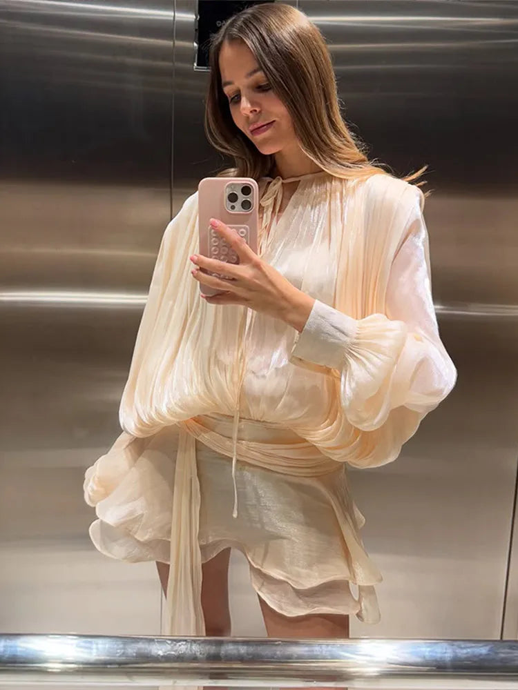 Fashion Ruffles Hem Solid Mini Dress Women Elegant O-neck Lantern Sleeve Short Dresses 2025 New High Street Vocation Vestidos