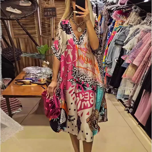 Casual V Neck Loose Midi Dresses For Women Summer Leopard Colorful Printed A-Line Party Dress Short  Sleeve Female Clothing