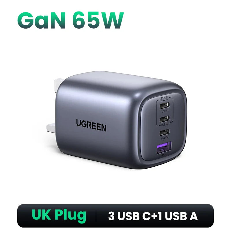 UGREEN 65W GaN зарядний пристрій 4 порти USB C швидка зарядка Quick Charge 3.0 PD 3.0 для Macbook Air, ноутбуків, планшетів, iPhone 16 15 14 Pro Max
