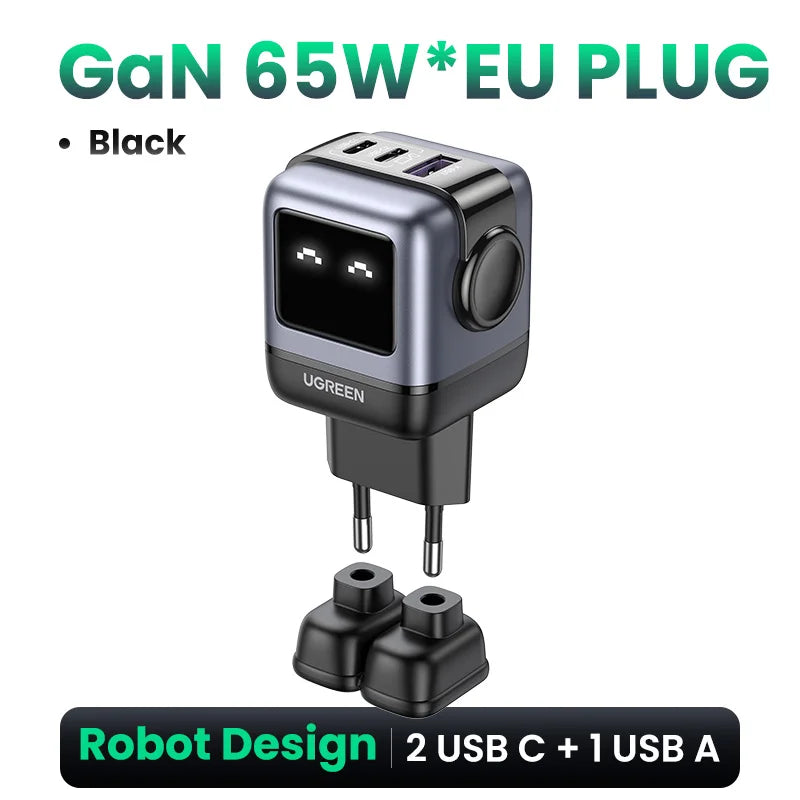 UGREEN 65W GaN зарядний пристрій Uno Robot Design швидка зарядка 4.0 3.0 PPS PD швидкий зарядний пристрій для iPhone 16 15 14 Pro Macbook ноутбук планшет