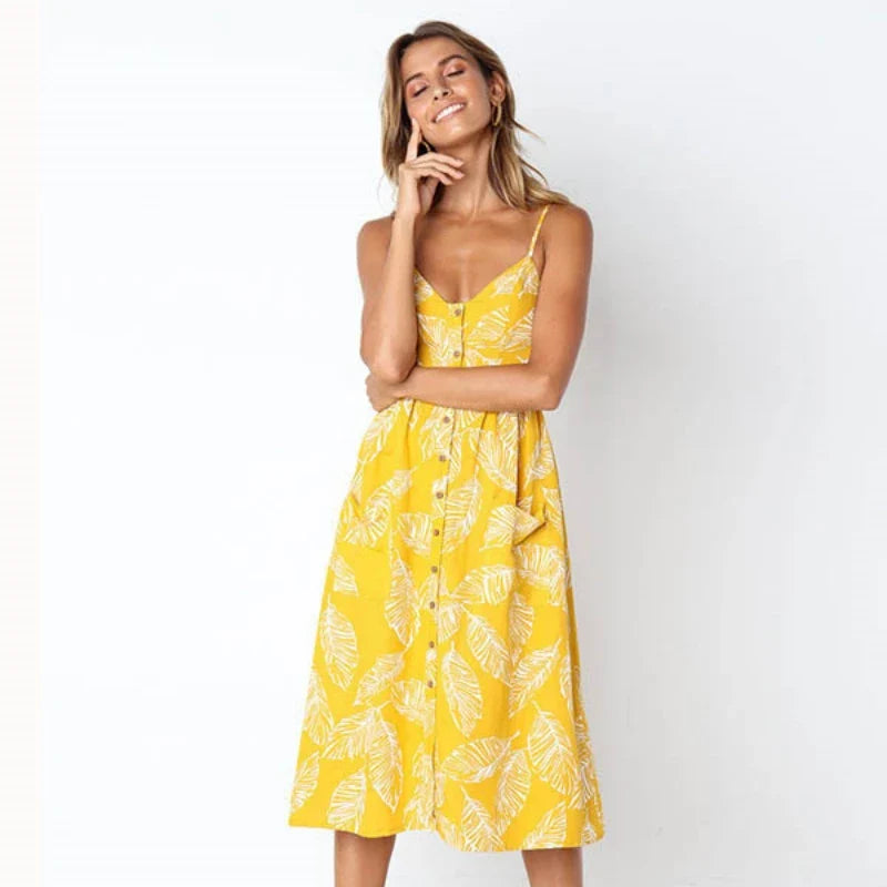 Summer New Women Sexy Sling Pocket Button Dot Beach Dress 2024 Female Bohemia Holiday Retro Fashion Solid Color Women's Clothing