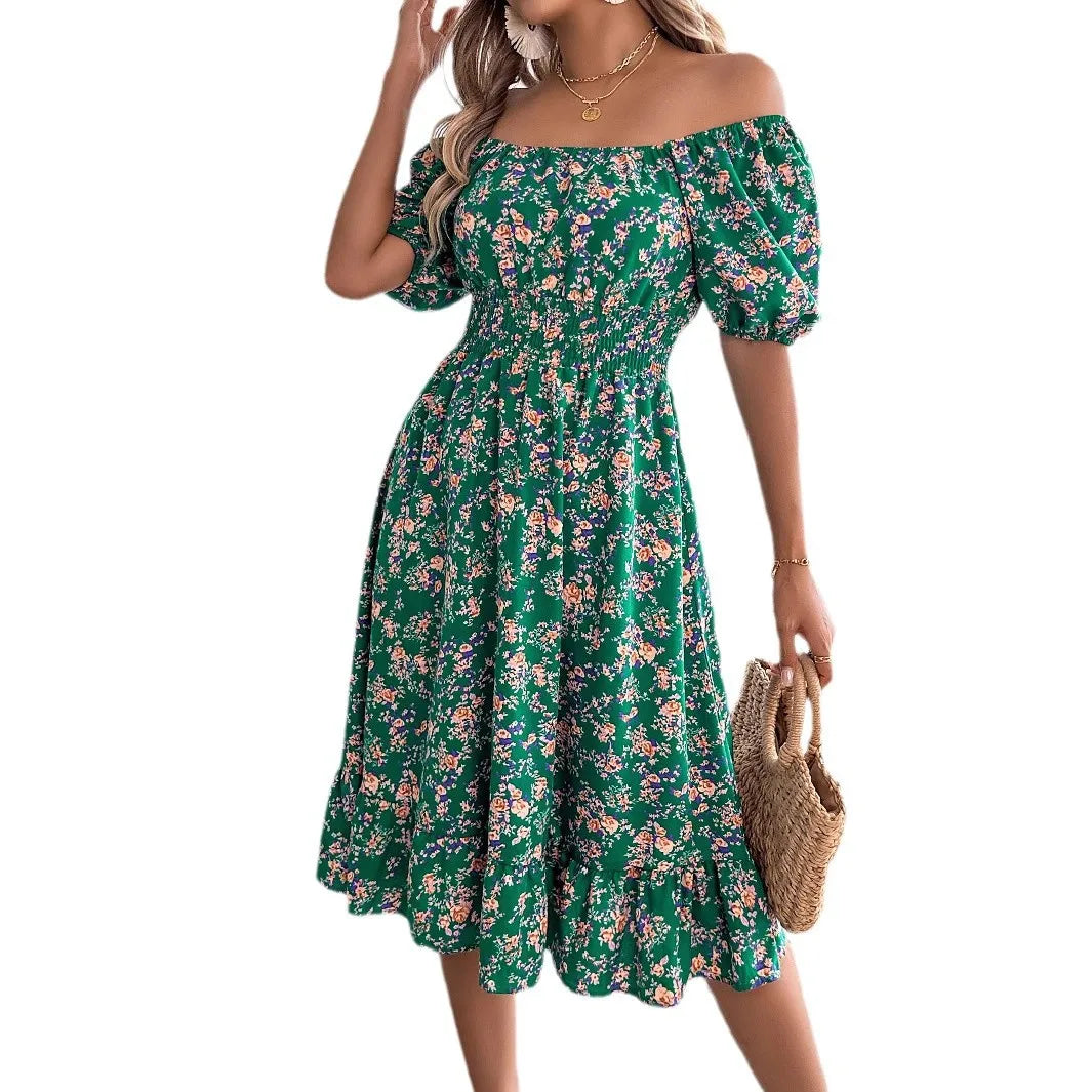 Summer Women's Beach Dress Floral 3D Print Square Neck Short-Sleeved Ladies Waist Ruffled A-Line Dress For Women Holiday Dresses