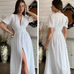 Clacive White Sexy Single-Breasted Women'S Dress 2022 Elegant Short Sleeve V-Neck Party Dresses Lady Casual Slim Midi Dress
