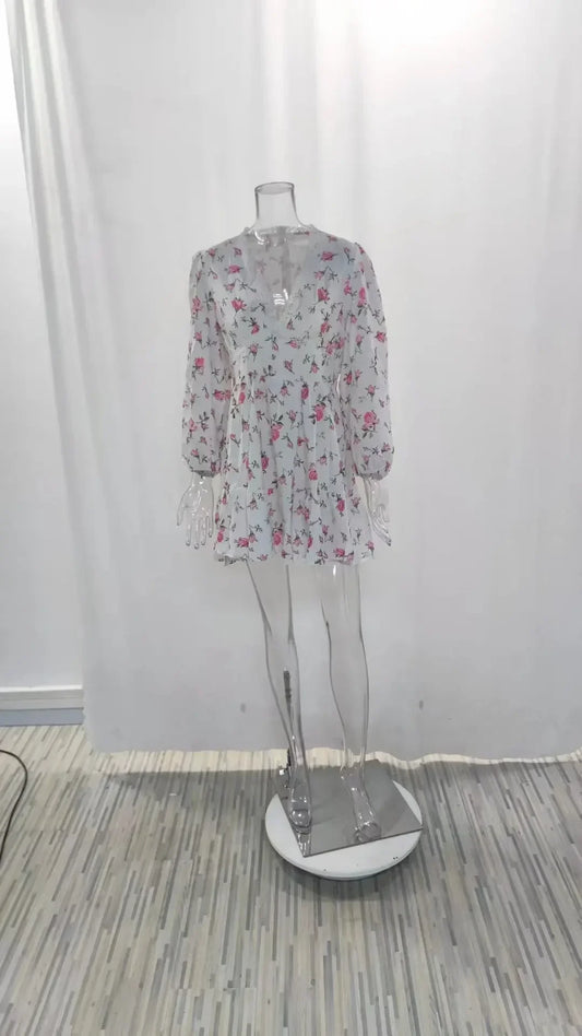 Printed V-Neck Lace Short Dress Slim Fits 2024 Summer Sexy Dress Long Sleeve Women's Sweet High Waist Sexy A-line Mini Dress