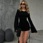 Sexy Women Mini Dress Flare Long Sleeve Drawstring Pleated Bodycon Casual Solid Autumn Winter Streetwear Short Dresses