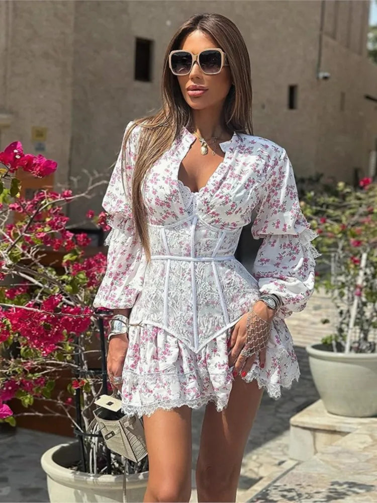 Elegant Long-sleeved Waist Dress For Ladies Spring Summer Sweet Floral Printing Lace Spliced short Party Dresses Female 2025